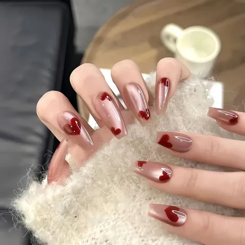 Handmade Cat Eye Press On Nails Wine Red Heart Design Glossy Reusable Coffin False Nails For Women Daily Dating Nail Art