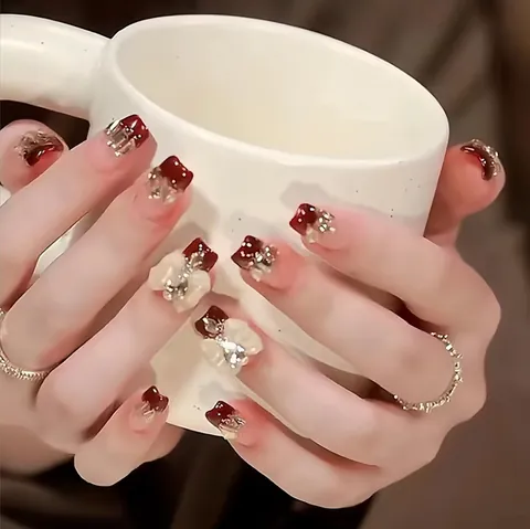 Handcrafted Wine Red French Gradient Press On Nails With 3D Bow Rhinestone Luxury Elegant Women Artificial Fake Nails