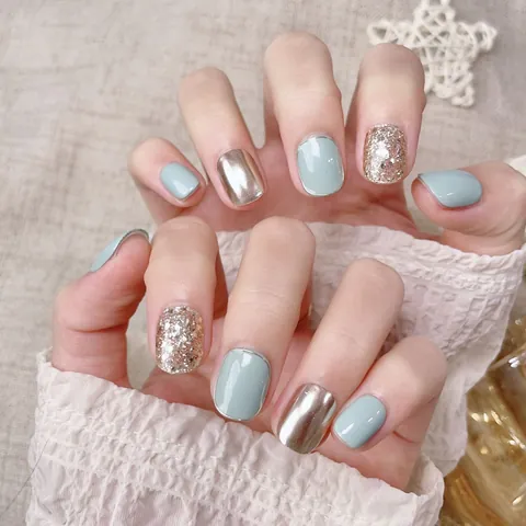 Handmade Press On Nails Short Square Round Shape Sea Salt Milk Green Glitter Mirror Powder Reusable Fake Nails Includes Jelly Glue And File Women Manicure