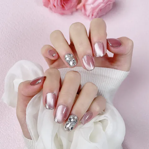 Handmade Pink Cat Eye Press On Nails Short Ballet Square Coffin Fake Nails With Rhinestones Silver Glitter Elegant Manicure For Women