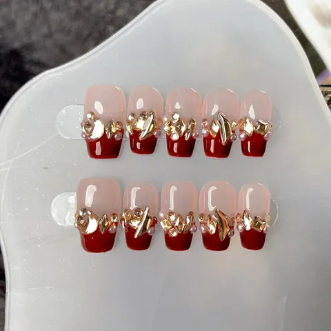 Handmade Press On Nails Wine Red Champagne French Style Glitter Cat Eye Faux Pearl Rhinestone Luxury UV Gel Fake Nails For Women