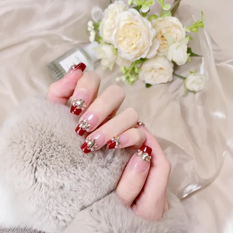 Handmade Press On Nails Wine Red Champagne French Style Glitter Cat Eye Faux Pearl Rhinestone Luxury UV Gel Fake Nails For Women