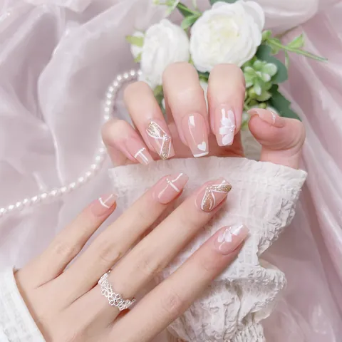 Handmade Press On Nails Nude Pink Gel Nails White Floral Bow Heart Design With Artificial Pearl 10 Pieces Set For Women Nail Art