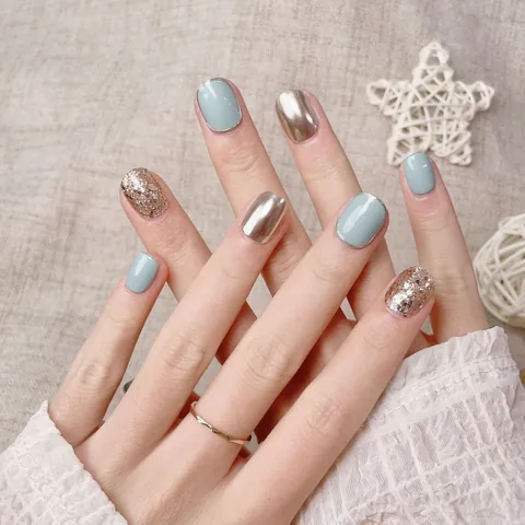 Handmade Press On Nails Short Square Round Shape Sea Salt Milk Green Glitter Mirror Powder Reusable Fake Nails Includes Jelly Glue And File Women Manicure