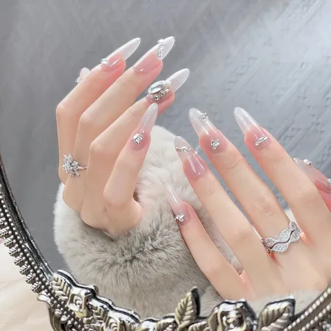 Handmade Almond Press On Nails Cat Eye Pink Silver Gradient Rhinestone Pearl Full Diamond Fake Nail Patches For Women Party Wedding Decor