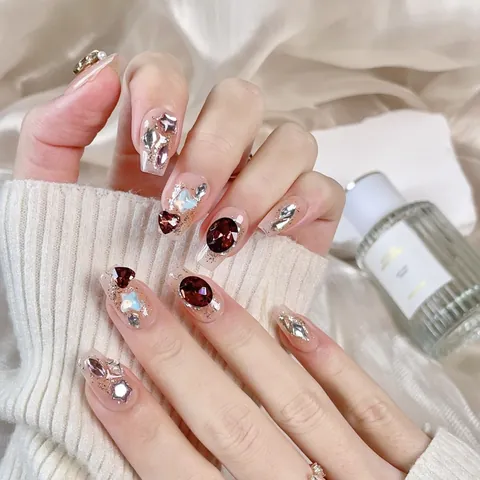 Lujosas Uñas Postizas Hechas a Mano Forma de Ataúd Con Mariposa Corazón Diamantes de Imitación Gemas Para Mujeres Fiesta Elegantes