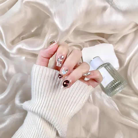 Lujosas Uñas Postizas Hechas a Mano Forma de Ataúd Con Mariposa Corazón Diamantes de Imitación Gemas Para Mujeres Fiesta Elegantes