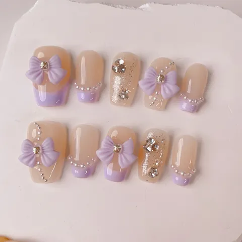 Handmade Press On Nails Purple Bow Rhinestone Pearl French Tip Coffin False Nails For Women Sweet Girl Nail Art Decor