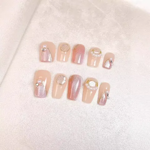 Aurora Zeemeermin Kattenoog Plaknagels Roze Ballerina Kunstnagels Met Kunstparels Strass Elegante Handgemaakte Nagelkunst Vrouwen