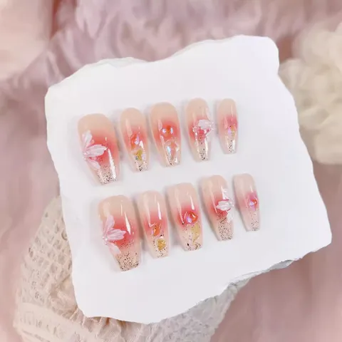 Handgefertigte Rosa Blush Verlauf Nägel Zum Aufpressen 3D Floral Muschel Goldfolie Lange Sarg Falsche Nägel Für Damen