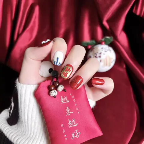 Handmade Chinese Style Lion Dance Press On Nails Red Fortune 3D Relief Reusable Fake Nails For Women Festive New Year Manicure