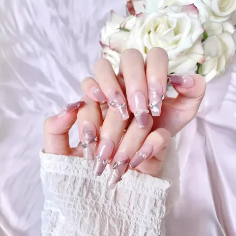 Unghie Finte da Applicare Fatte a Mano Rosa Sfumato Occhio di Gatto Fiocco Perla Artificial Strass Bara Unghie Finte Donna Gioielli Matrimonio