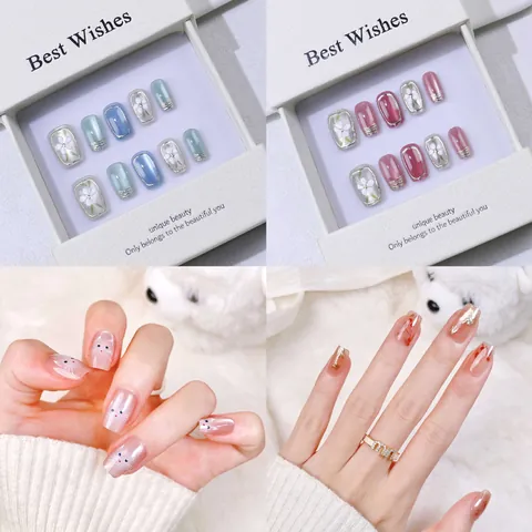 Handmade Reusable Cat Eye Flower Design Elegant Fake Nails Luxury Press On Nails For Daily Party Wedding Women Girls