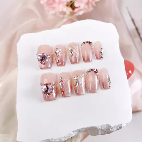 Handmade Luxury Coffin Press On Nails Pink Gradient Cat Eye Heart Rhinestone Butterfly Fake Nails For Women Nail Art