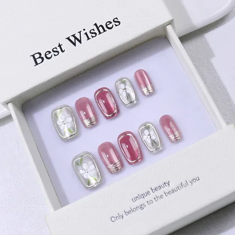 Handmade Reusable Cat Eye Flower Design Elegant Fake Nails Luxury Press On Nails For Daily Party Wedding Women Girls