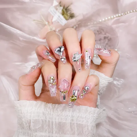Handmade Luxury Press On Nails Pink Gradient 3D Butterfly Heart Rhinestone Long Coffin Fake Nails Kit For Women Party Beauty