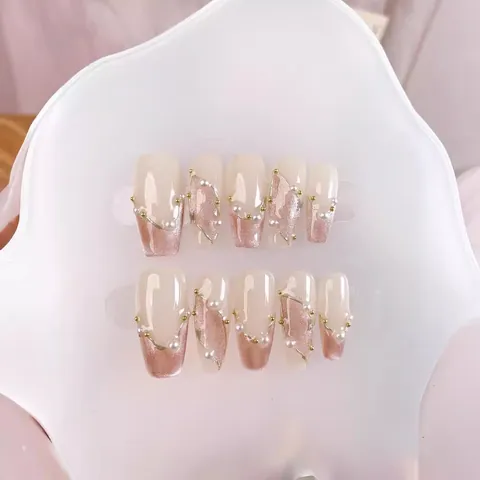 Handmade Pink Cat Eye Gradient Press On Nails Set Luxury Pearl Decoration Long Coffin Fake Nails For Women Daily Party Nail Art