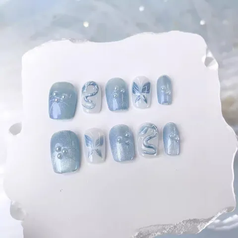 Handmade Light Blue Cat Eye Press On Nails With 3D Butterfly Artificial Pearl Hand Painted Ballerina False Nails