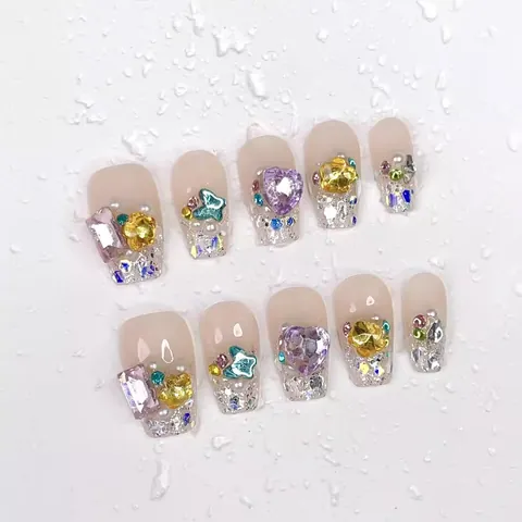Handmade Luxury Press On Nails Rhinestone Sparkling Heart Butterfly Long Coffin Ballerina Fake Nails For Women Party Jewelry