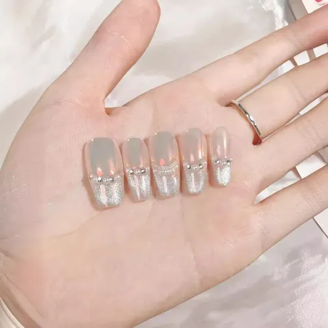 Handmade French Coffin Press On Nails Luxury Gradient Iridescent Pink Silver Glitter Rhinestone Artificial Pearl Long Fake Nails