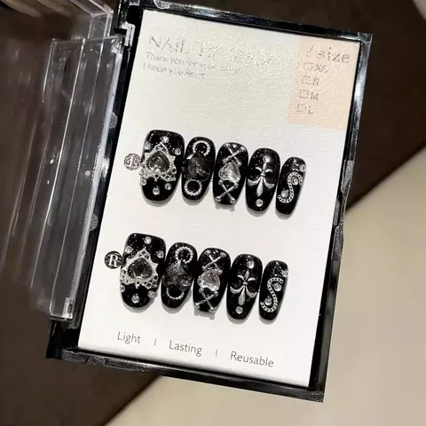 Handmade Gothic Black Press On Nails With Silver Alloy Heart Cross Rhinestone Charms Cool Punk Style Glossy False Nails For Women