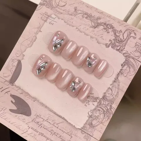 Unghie Finte Artigianali Rosa Occhio di Gatto Forma Balletto Corto Con Farfalla 3D Strass Decorazioni per Donna