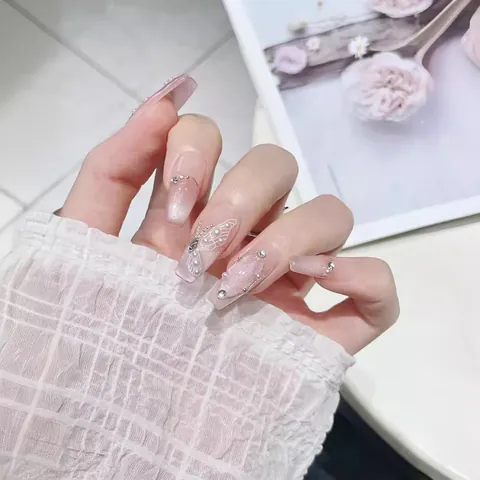 Handmade Pink Cat Eye Press On Nails Long Coffin Shape With Butterfly Pearl Rhinestone Luxury French Style Fake Nails For Women Decoration
