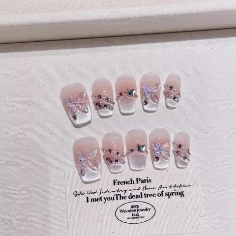 Luxus Handgemacht Aufdrücknägel Mit 3D Schmetterling Katzenaugeneffekt Verlauf Französischer Stil Silber Rosa Strass Künstliche Perlen Künstliche Nägel