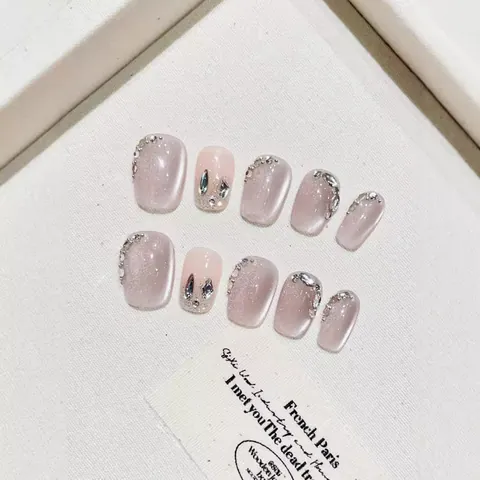 Handgefertigte Katzenaugen Kunstnägel Zum Aufkleben Mit Strass Künstliche Perlen Kurze Quadratisch Runde Künstliche Fingernägel Für Damen