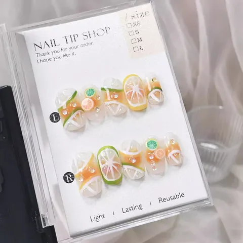 Unghie a Pressione Fatte a Mano con Motivo a Limone 3D Frutta Fresca Carina in Resina con Strass per Donna Manicure Estiva