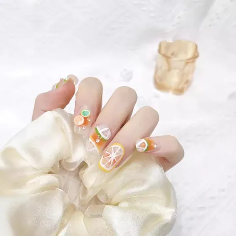 Unghie a Pressione Fatte a Mano con Motivo a Limone 3D Frutta Fresca Carina in Resina con Strass per Donna Manicure Estiva