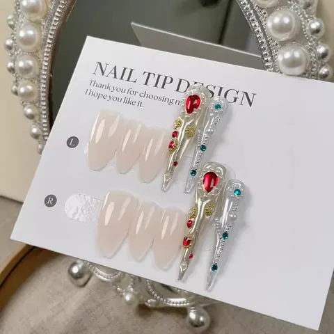 Vintage Palace Style Handmade Press On Nails With Red Rhinestones Artificial Pearls Luxury Long Stiletto Almond Fake Nails For Women Jewelry