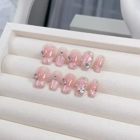 Handmade Pink Gradient Press On Nails Set With Butterfly Rhinestone Artificial Pearl Decoration Elegant Coffin Shape False Nails For Women