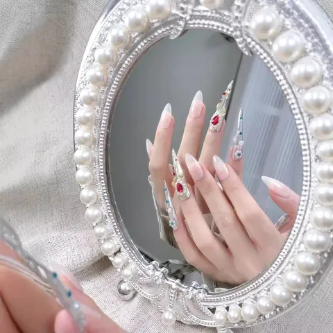 Vintage Palace Style Handmade Press On Nails With Red Rhinestones Artificial Pearls Luxury Long Stiletto Almond Fake Nails For Women Jewelry