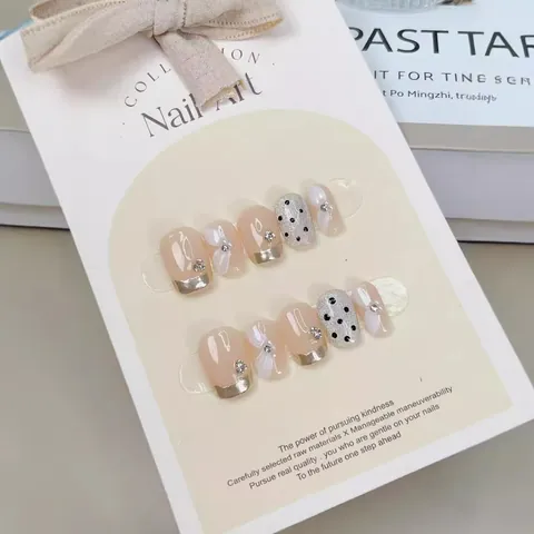 Handmade French Style Press On Nails Short Square Coffin Nude Pink Cream Ballet False Nails With Bow Polka Dot Rhinestone Art