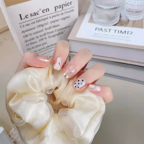 Handmade French Style Press On Nails Short Square Coffin Nude Pink Cream Ballet False Nails With Bow Polka Dot Rhinestone Art