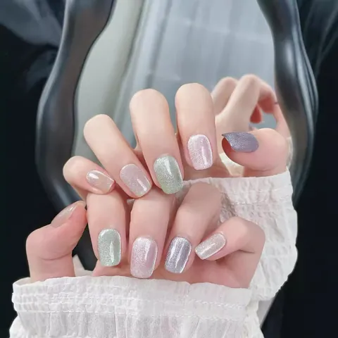 Handmade Luxury Cat Eye Press On Nails Colorful Glitter Short Trapezoid Shape Fake Nails For Women Beauty Manicure Tool