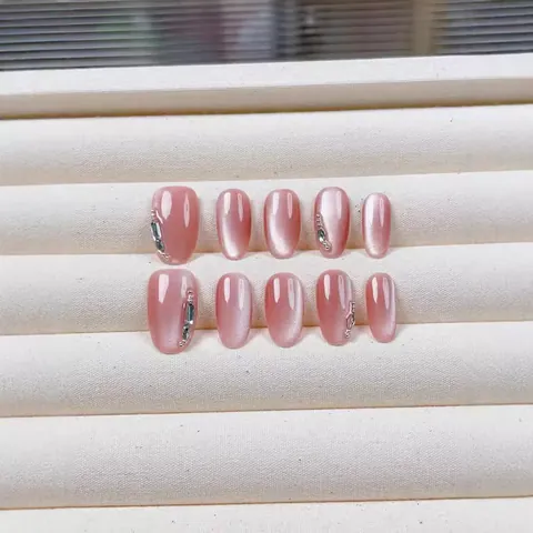 Handmade Pink Purple Cat Eye Press On Nails Elegant Short Oval False Nails With Rhinestone Embellishments Luxury Shiny Glue On Nails For Women