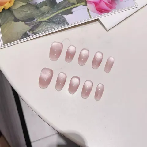 Handgefertigt Drucknägel Kurz Oval Nude-Rosa Katzenauge Aurora Verlauf Künstliche Nägel Für Damen Alltag Party Nägel Patch