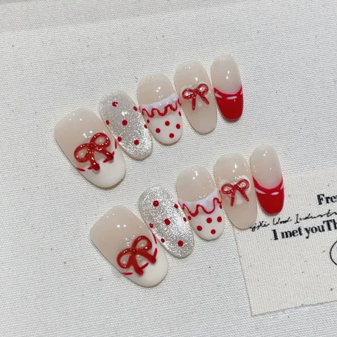 Handmade Press On Nails Red White 3D Bowknot Polka Dot Design French Tip Oval Glossy Fake Nails Reusable For Women Manicure