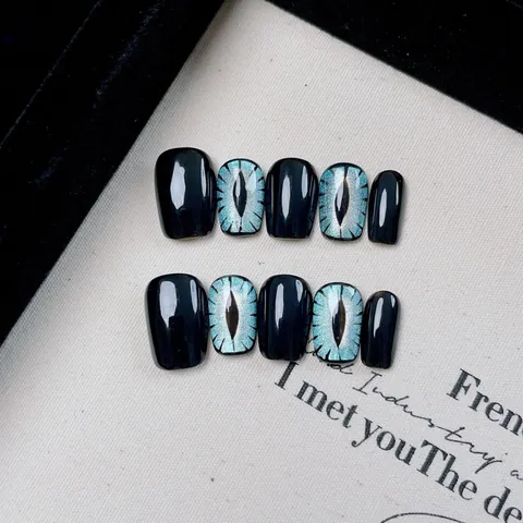 Handmade Blue Cat Eye Press On Nails Black Mysterious Evil Eye Finished Artificial Fingernail Patches Women Makeup Nails