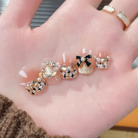 Handmade Cat Eye Press On Nails With Pearls Rhinestones Luxury French Blush Pink Bowknot Reusable False Nails For Women