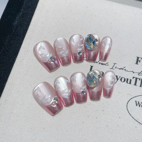 Unghie Finte a Pressione Fatte a Mano Stile Francese Sfumatura Rosa Viola Occhi di Gatto Motivo Tulipano Strass Künstliche Perle