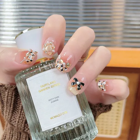 Handmade Cat Eye Press On Nails With Pearls Rhinestones Luxury French Blush Pink Bowknot Reusable False Nails For Women