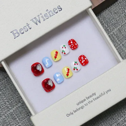 Ongles à Presser Faits Main pour Enfants Mignon Dessin Animé Pomme Cerise Motif 3D Résine Faux Ongles pour Filles Cadeau