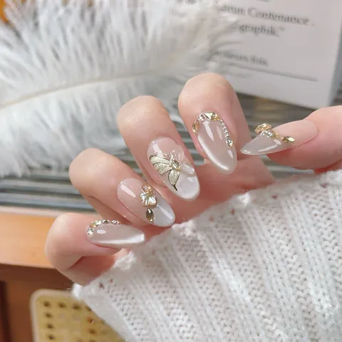 Uñas Postizas Hechas a Mano Champagne Ojo de Gato Con Mariposa 3D Oro Strass Francés Lujo Mujer Uñas Postizas