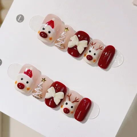 Unghie Finte Natalizie Fatte a Mano Corte Quadrate Renna Babbo Natale Fiocco 3D Set Unghie Festive per Donna Manicure Invernale