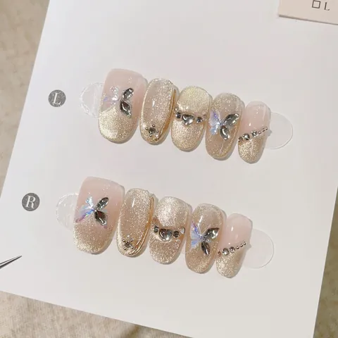 Handgefertigte 3D Schmetterling Aufpressnägel Luxus Zirkonia Champagner Gold Katzenauge Elegante Künstliche Nägel Damen