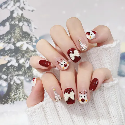 Unghie Finte Natalizie Fatte a Mano Corte Quadrate Renna Babbo Natale Fiocco 3D Set Unghie Festive per Donna Manicure Invernale