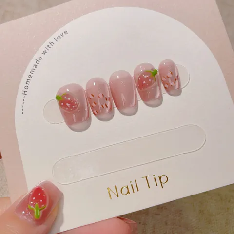 Unghie a Pressione 3D Fragola Fatte a Mano Dolci Occhio di Gatto Rosa Glitter Unghie Finte Donna Decorazione Quotidiana Nail Art